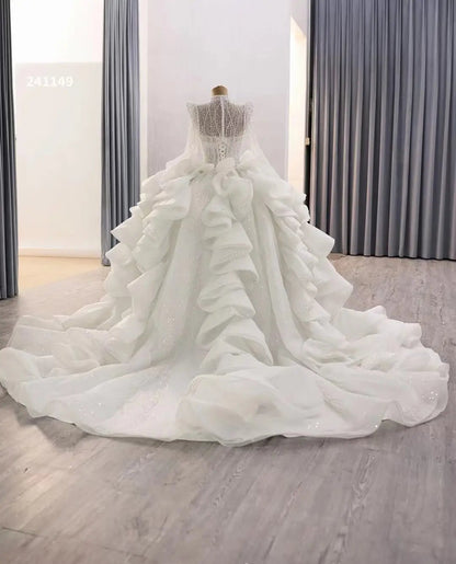 Luxury Modest Wedding Dresses Long Sleeve Ball Gown High Neck 241149-wedding dresses 2025 -Viniodress-Ivory-Custom Size-