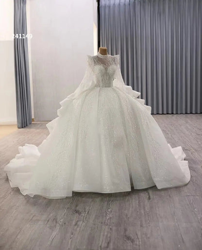 Luxury Modest Wedding Dresses Long Sleeve Ball Gown High Neck 241149-wedding dresses 2025 -Viniodress-Ivory-Custom Size-