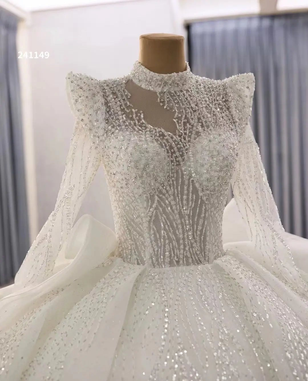 Luxury Modest Wedding Dresses Long Sleeve Ball Gown High Neck 241149-wedding dresses 2025 -Viniodress-Ivory-Custom Size-