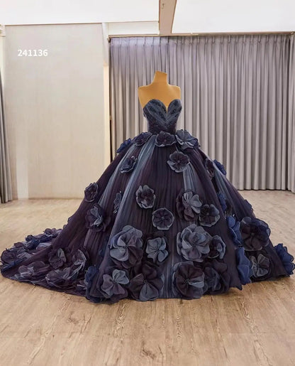 Luxury Navy Blue Petal Wedding Gown 3D Flower Debutante Dresses 241136-Quinceanera Dresses 2025 -Viniodress-Navy-Custom Size-