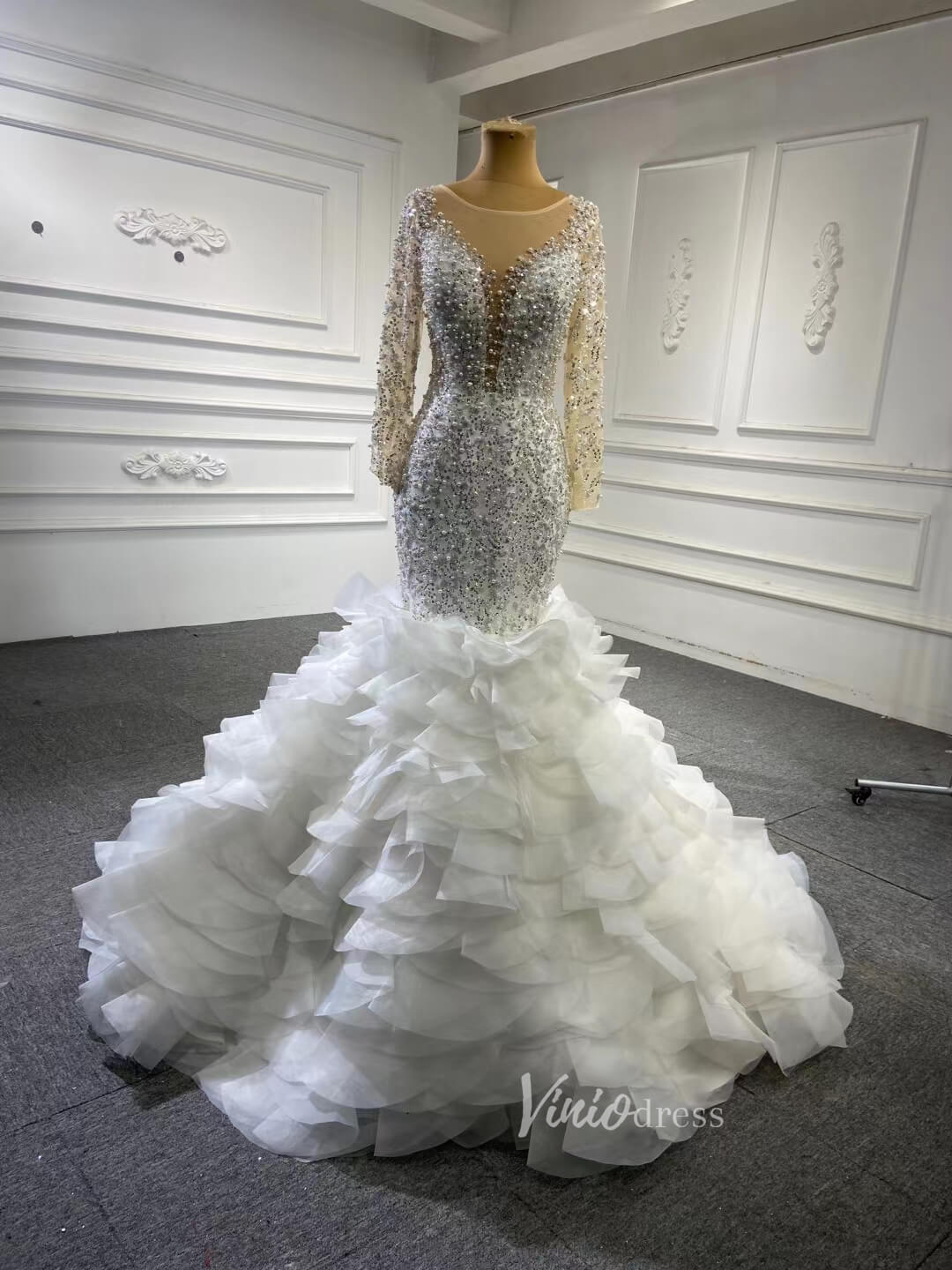 Luxury Pearl Beaded Mermaid Ruffle Wedding Dresses 67291-wedding dresses 2025 -Viniodress-Ivory-Custom Size-