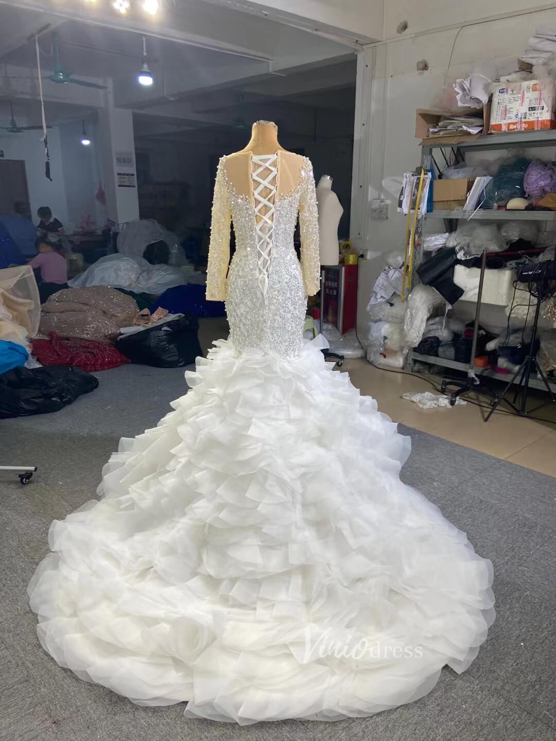 Luxury Pearl Beaded Mermaid Ruffle Wedding Dresses 67291-wedding dresses 2025 -Viniodress-Ivory-Custom Size-