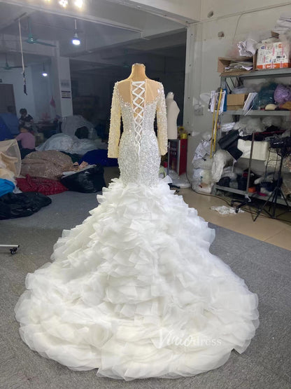 Luxury Pearl Beaded Mermaid Ruffle Wedding Dresses 67291-wedding dresses 2025 -Viniodress-Ivory-Custom Size-
