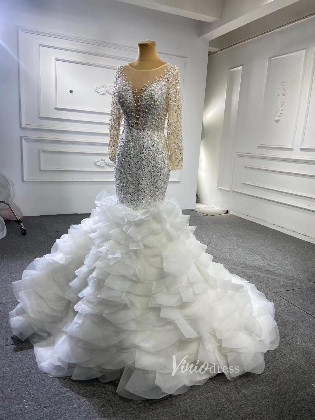 Luxury Pearl Beaded Mermaid Ruffle Wedding Dresses 67291-wedding dresses 2025 -Viniodress-Ivory-Custom Size-