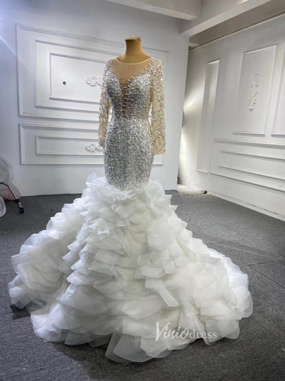 Luxury Pearl Beaded Mermaid Ruffle Wedding Dresses 67291-wedding dresses 2025 -Viniodress-Ivory-Custom Size-