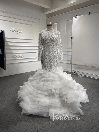 Luxury Pearl Beaded Mermaid Ruffle Wedding Dresses 67291-wedding dresses 2025 -Viniodress-Ivory-Custom Size-
