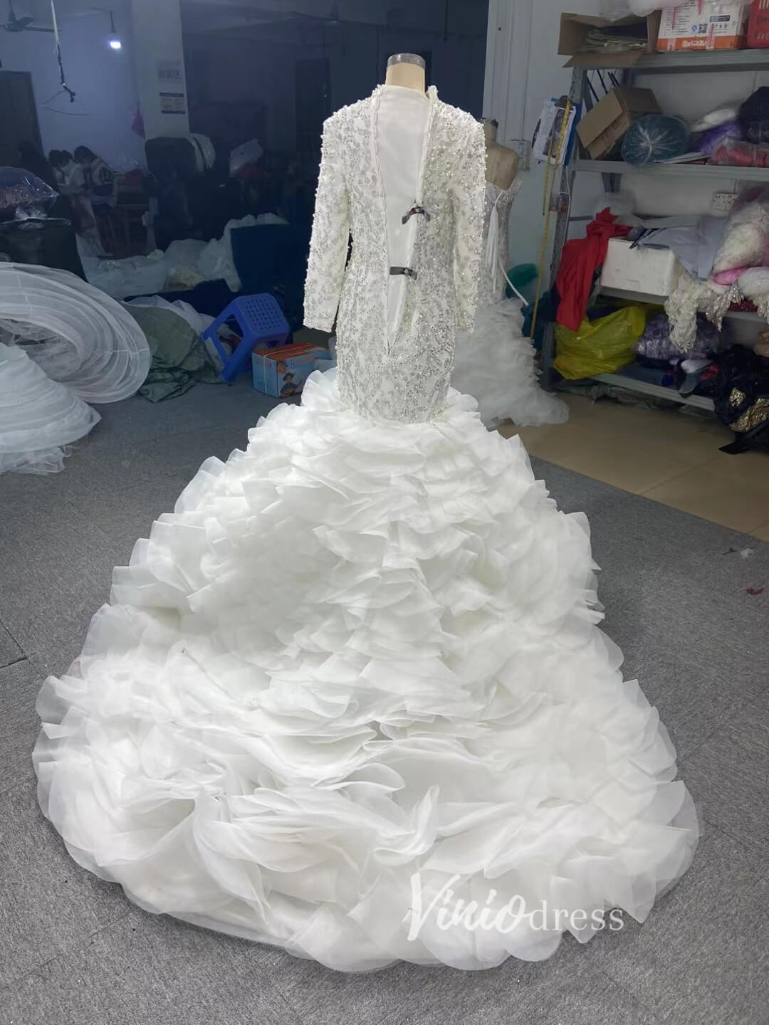Luxury Pearl Beaded Mermaid Ruffle Wedding Dresses 67291-wedding dresses 2025 -Viniodress-Ivory-Custom Size-