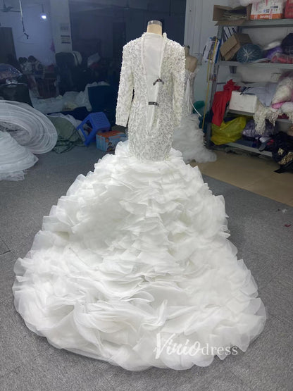 Luxury Pearl Beaded Mermaid Ruffle Wedding Dresses 67291-wedding dresses 2025 -Viniodress-Ivory-Custom Size-