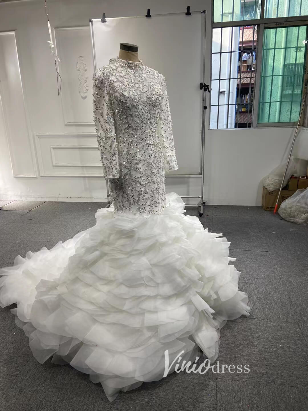 Luxury Pearl Beaded Mermaid Ruffle Wedding Dresses 67291-wedding dresses 2025 -Viniodress-Ivory-Custom Size-
