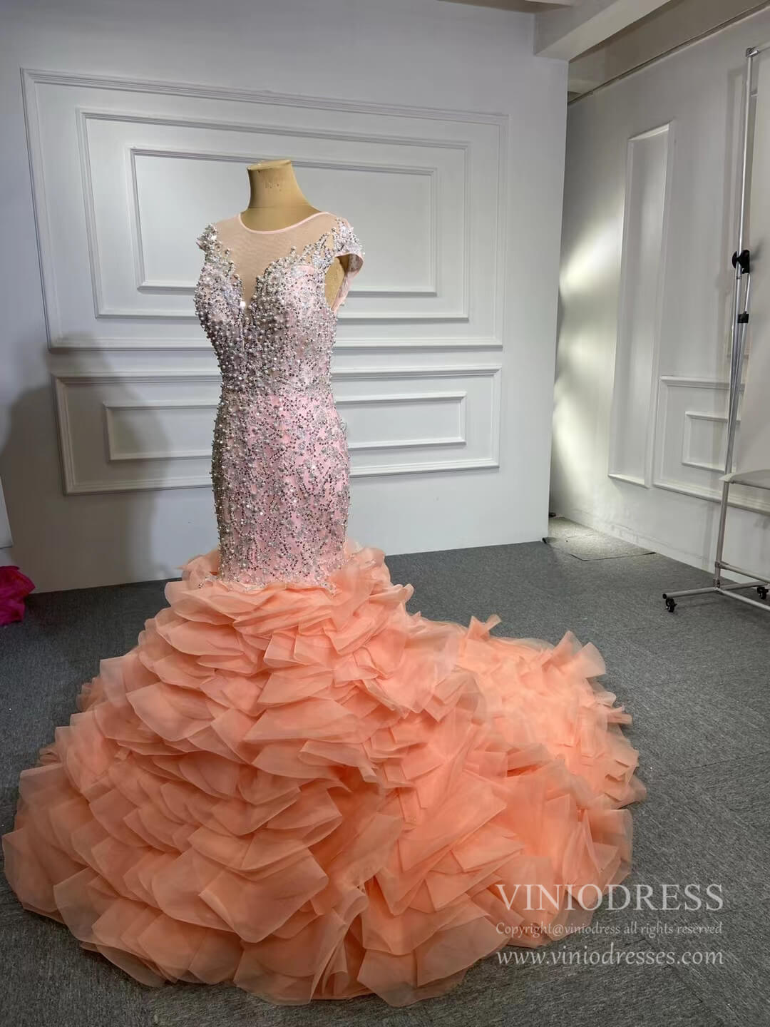 Luxury Pearl Beaded Mermaid Ruffle Wedding Dresses 67291-wedding dresses 2025 -Viniodress-Ivory-Custom Size-