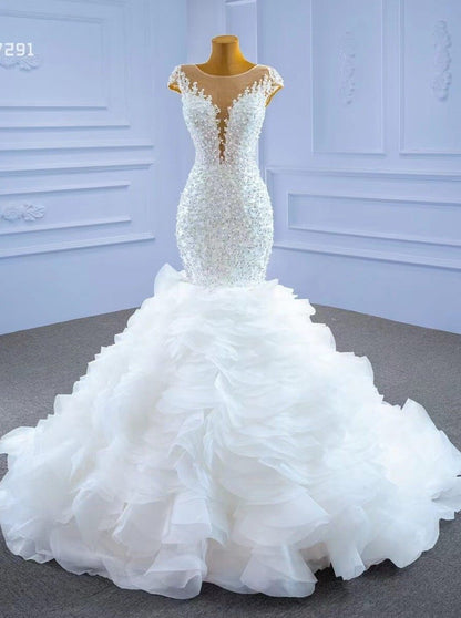 Luxury Pearl Beaded Mermaid Ruffle Wedding Dresses 67291-wedding dresses 2025 -Viniodress-Ivory-Custom Size-