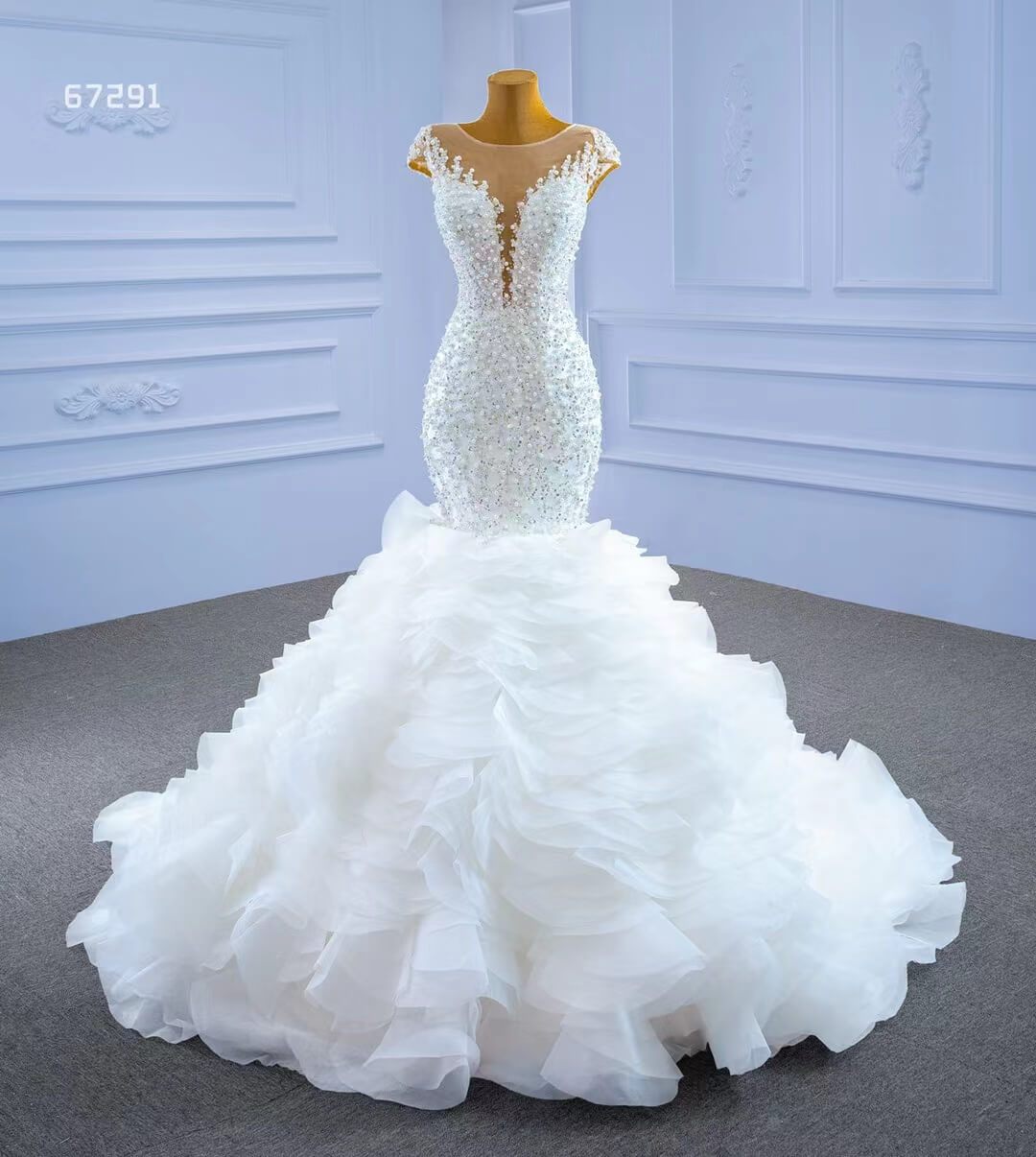 Luxury Pearl Beaded Mermaid Ruffle Wedding Dresses 67291-wedding dresses 2025 -Viniodress-Ivory-Custom Size-