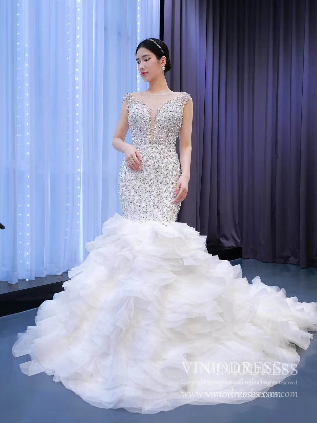 Luxury Pearl Beaded Mermaid Ruffle Wedding Dresses 67291-wedding dresses 2025 -Viniodress-Ivory-Custom Size-