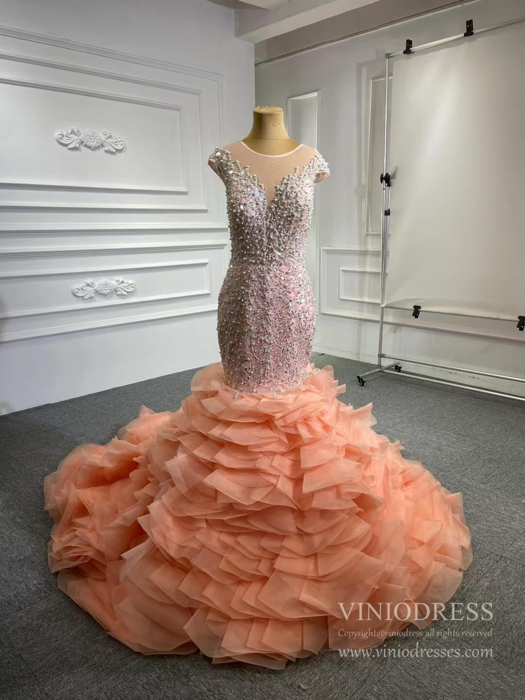 Luxury Pearl Beaded Mermaid Ruffle Wedding Dresses 67291-wedding dresses 2025 -Viniodress-Peach-Custom Size-