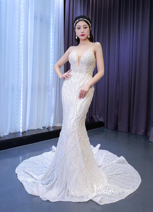 Luxury Pearl Beaded Mermaid Wedding Dresses Vintage 20s Bridal Gown 67485-Evening Dresses 2025 -Viniodress-Ivory-Custom Size-