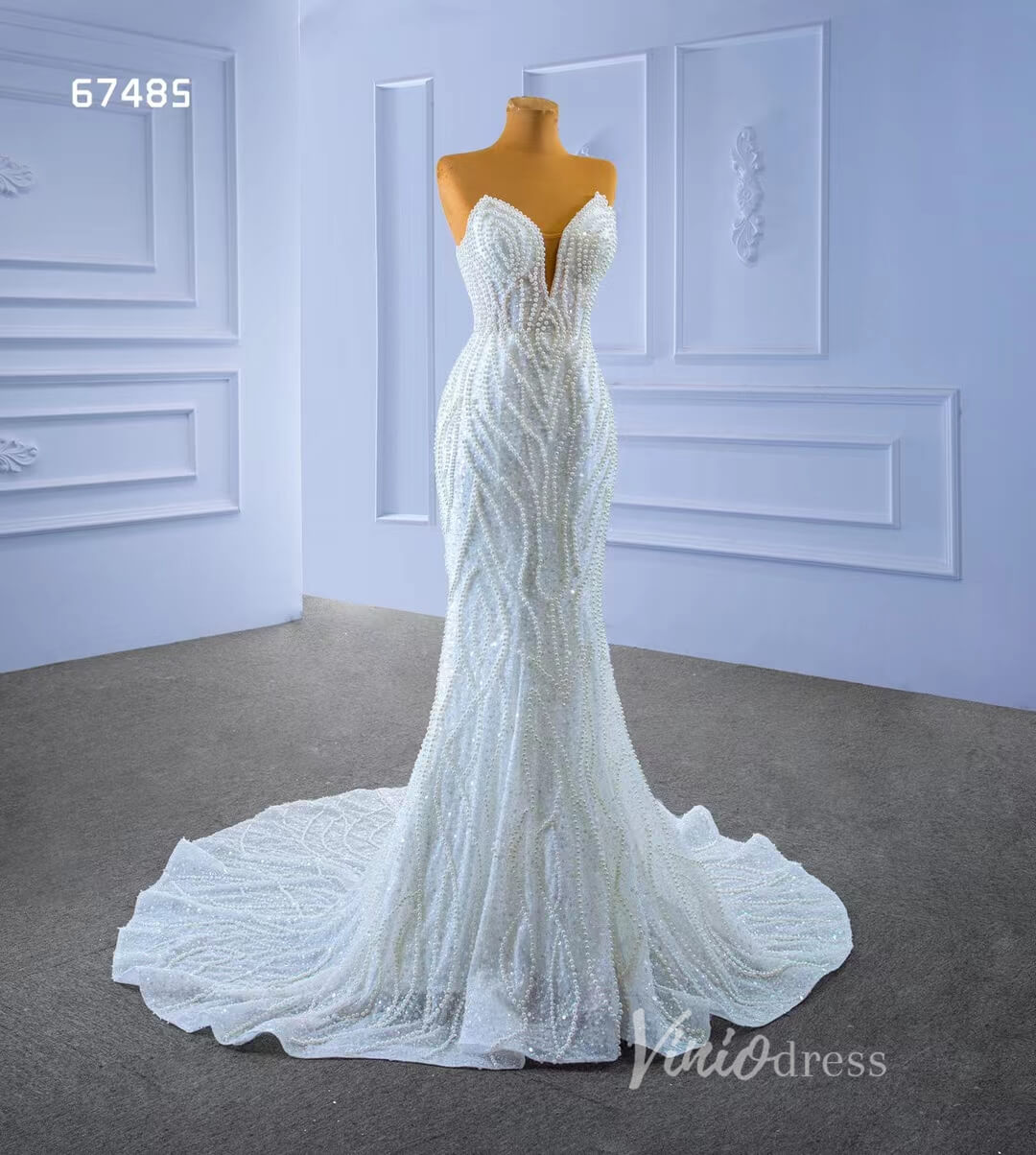 Luxury Pearl Beaded Mermaid Wedding Dresses Vintage 20s Bridal Gown 67485-Evening Dresses 2025 -Viniodress-Ivory-Custom Size-