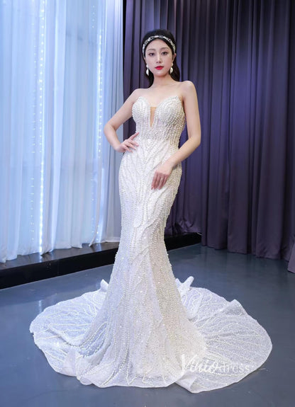 Luxury Pearl Beaded Mermaid Wedding Dresses Vintage 20s Bridal Gown 67 –  Viniodress