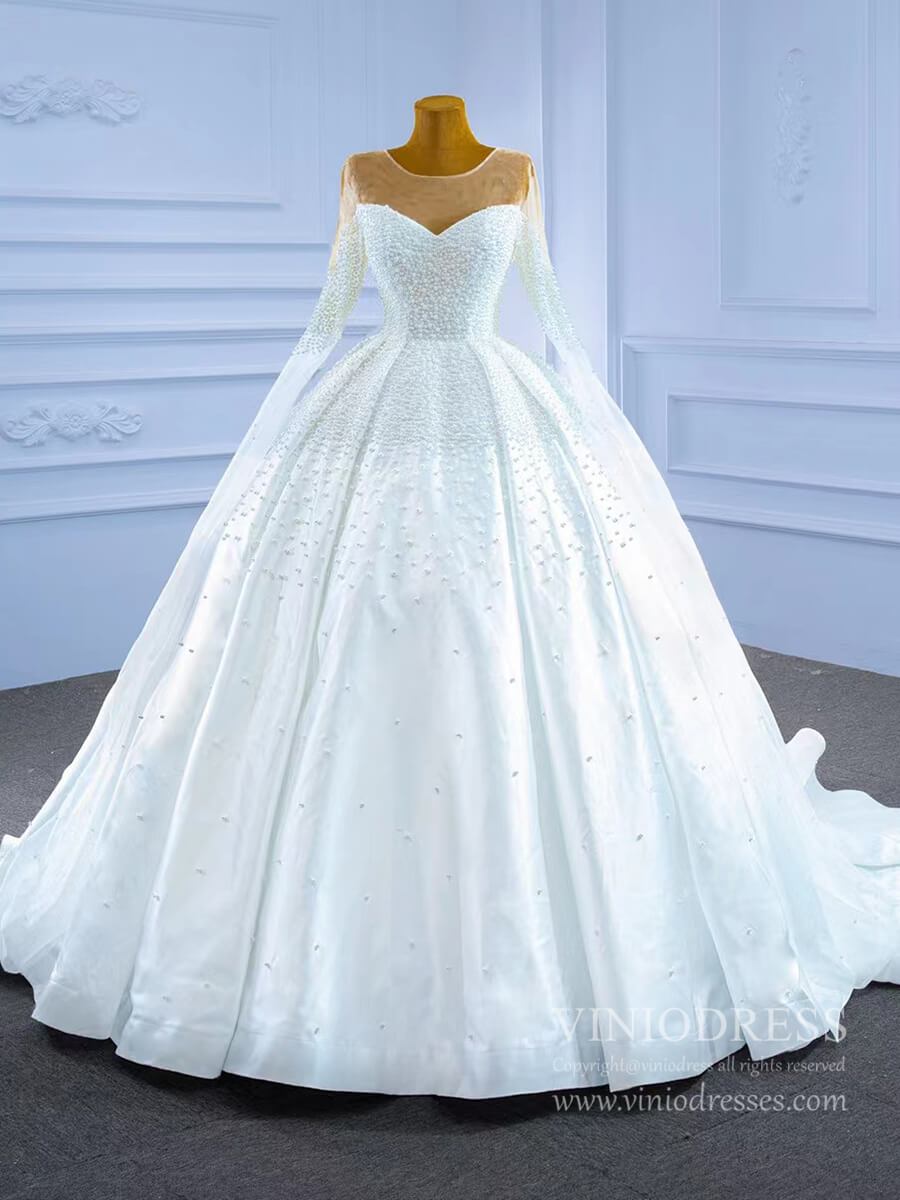 Luxury Pearl Wedding Dresses Modest Satin Wedding Gown 67279-wedding dresses 2025 -Viniodress-As Picture-Custom Size-