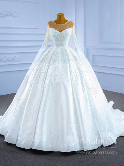 Luxury Pearl Wedding Dresses Modest Satin Wedding Gown 67279-wedding dresses 2025 -Viniodress-As Picture-Custom Size-