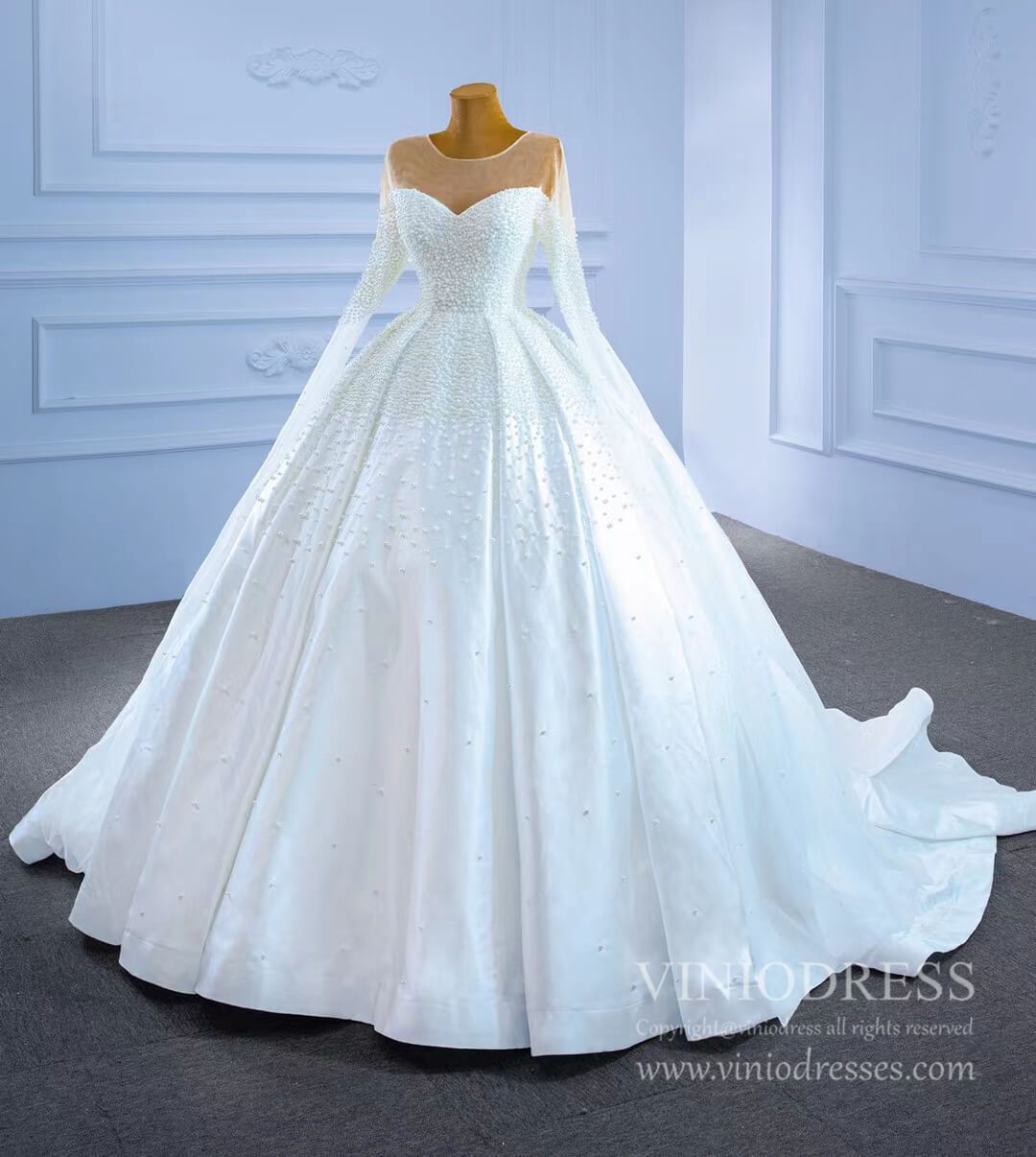 Luxury Pearl Wedding Dresses Modest Satin Wedding Gown 67279-wedding dresses 2025 -Viniodress-As Picture-Custom Size-