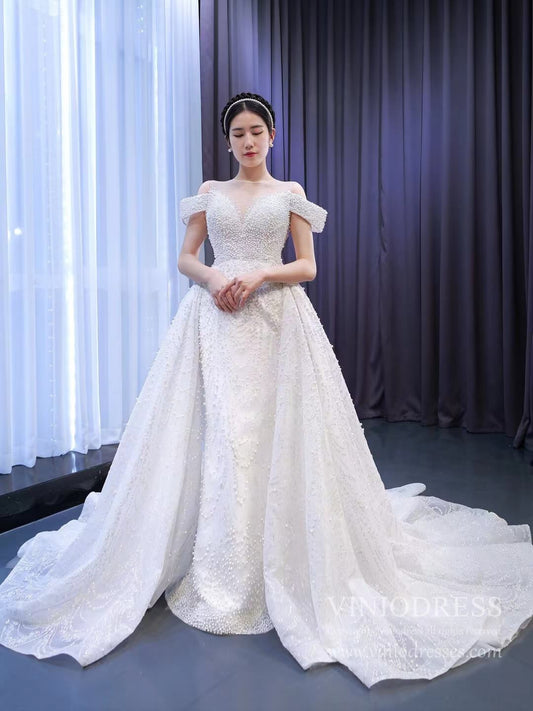 Luxury Pearl Wedding Dresses with Removable Sleeves VW2028-wedding dresses 2025 -Viniodress-As Picture-Custom Size-