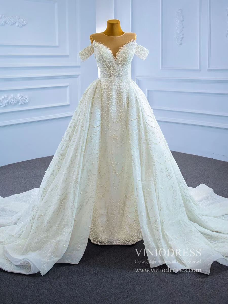 Luxury Pearl Wedding Dresses with Removable Sleeves VW2028-wedding dresses-Viniodress-Viniodress