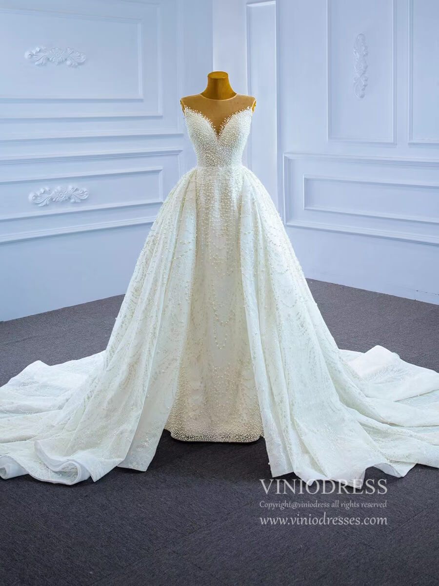 Luxury Pearl Wedding Dresses with Removable Sleeves VW2028-wedding dresses-Viniodress-Viniodress