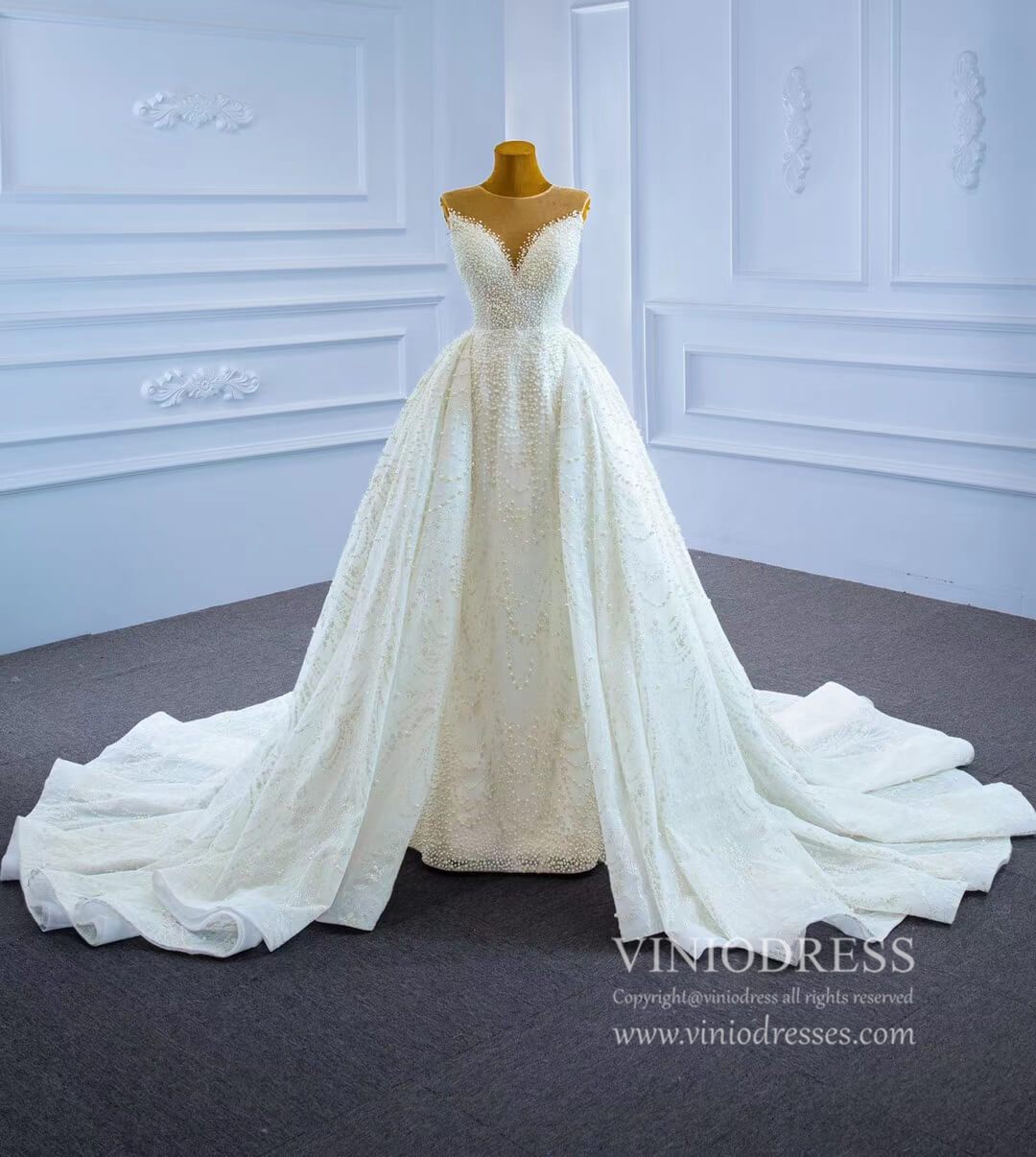 Luxury Pearl Wedding Dresses with Removable Sleeves VW2028-wedding dresses-Viniodress-Viniodress