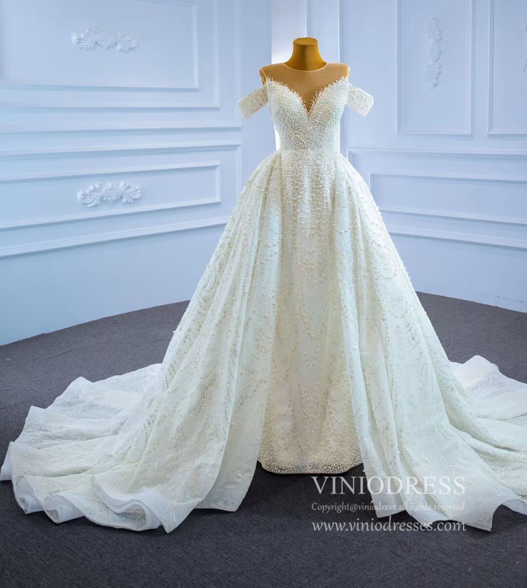 Luxury Pearl Wedding Dresses with Removable Sleeves VW2028-wedding dresses-Viniodress-Viniodress