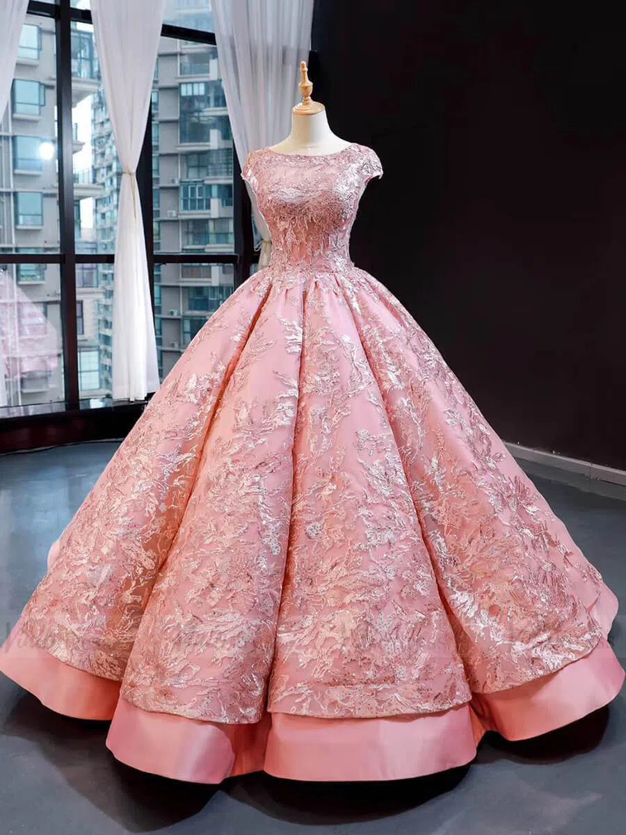 Luxury Pink Ball Gown Wedding Dresses Cap Sleeve Vintage Quince Dress FD1665 viniodress-Quinceanera Dresses 2025 -Viniodress-Pink-Custom Size-