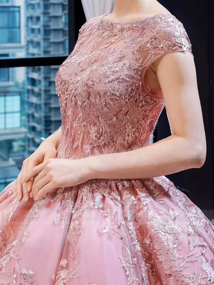 Luxury Pink Ball Gown Wedding Dresses Cap Sleeve Vintage Quince Dress FD1665 viniodress-Quinceanera Dresses 2025 -Viniodress-Pink-Custom Size-