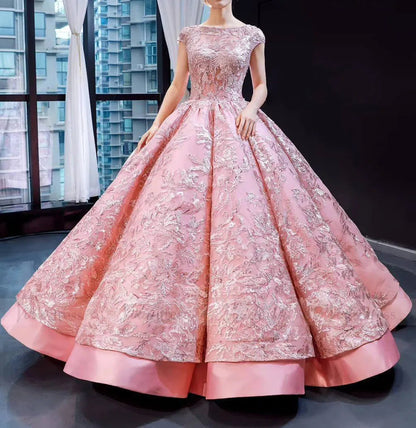 Luxury Pink Ball Gown Wedding Dresses Cap Sleeve Vintage Quince Dress FD1665 viniodress-Quinceanera Dresses 2025 -Viniodress-Pink-Custom Size-