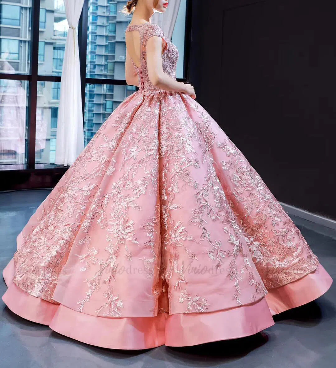 Luxury Pink Ball Gown Wedding Dresses Cap Sleeve Vintage Quince Dress FD1665 viniodress-Quinceanera Dresses 2025 -Viniodress-Pink-Custom Size-