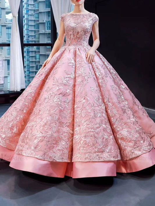 Luxury Pink Ball Gown Wedding Dresses Cap Sleeve Vintage Quince Dress FD1665 viniodress-Quinceanera Dresses 2025 -Viniodress-Pink-Custom Size-