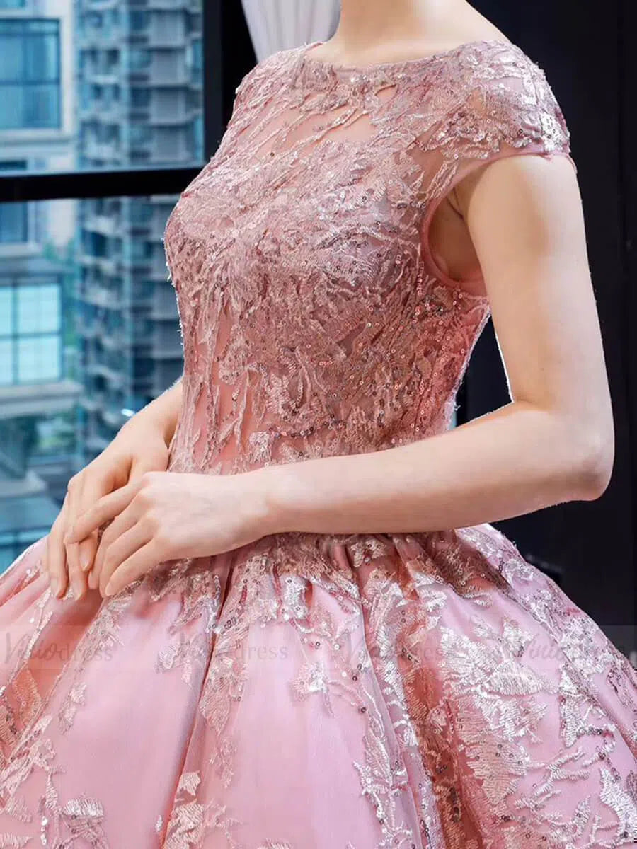 Luxury Pink Ball Gown Wedding Dresses Cap Sleeve Vintage Quince Dress FD1665 viniodress-Quinceanera Dresses-Viniodress-Viniodress