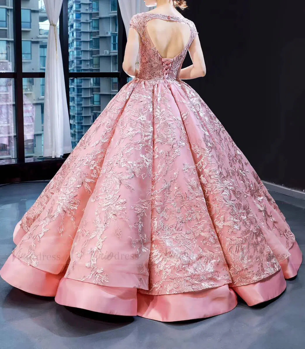 Luxury Pink Ball Gown Wedding Dresses Cap Sleeve Vintage Quince Dress FD1665 viniodress-Quinceanera Dresses-Viniodress-Viniodress