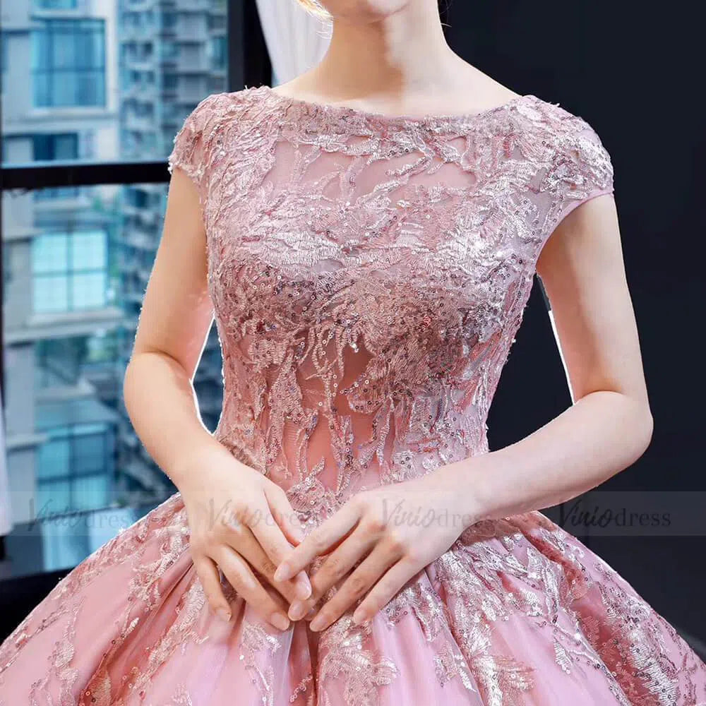 Luxury Pink Ball Gown Wedding Dresses Cap Sleeve Vintage Quince Dress FD1665 viniodress-Quinceanera Dresses-Viniodress-Viniodress