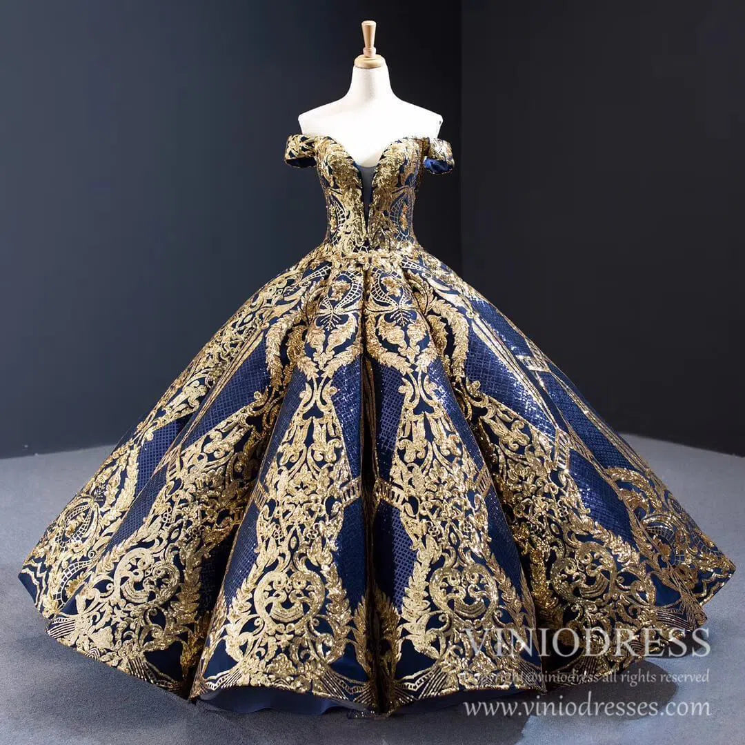 Luxury Red Couture Prom Dresses Gold Princess Quinceanera Dress 67026 viniodress-Quinceanera Dresses 2025 -Viniodress-Navy Blue-Custom Size-