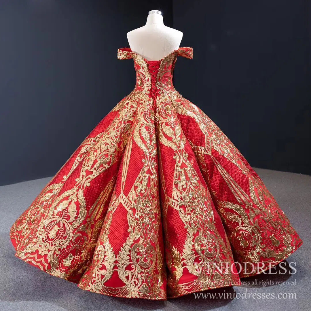 Luxury Red Couture Prom Dresses Gold Princess Quinceanera Dress 67026 viniodress-Quinceanera Dresses 2025 -Viniodress-Red-Custom Size-
