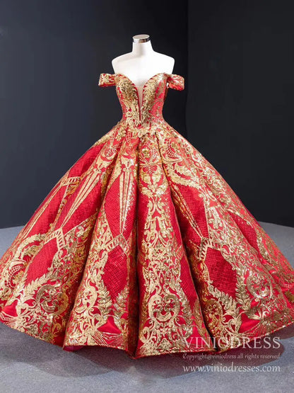 Luxury Red Couture Prom Dresses Gold Princess Quinceanera Dress 67026 viniodress-Quinceanera Dresses 2025 -Viniodress-Red-Custom Size-