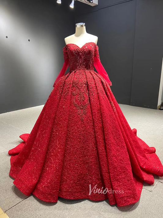 Luxury Red Wedding Dresses Long Sleeve Sweet 16 Dress 67160-Quinceanera Dresses 2025 -Viniodress-Red-Custom Size-