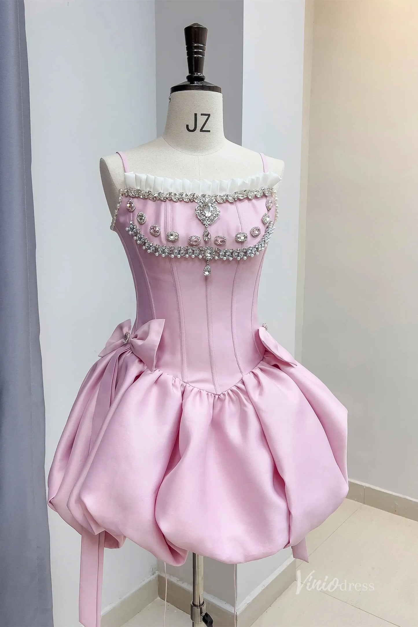 Rhinestone Corset Bubble Mini Homecoming Dress with Lace-Up Back
