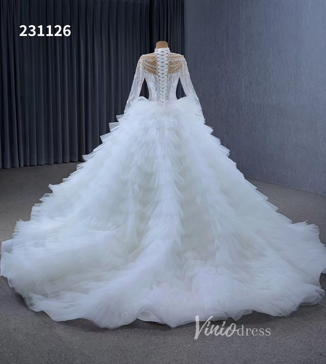 Luxury Ruffle Ball Gown Wedding Dresses Plus Size Long Sleeve 231126-wedding dresses 2025 -Viniodress-Ivory-Custom Size-