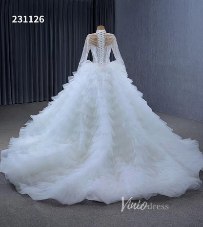 Luxury Ruffle Ball Gown Wedding Dresses Plus Size Long Sleeve 231126-wedding dresses 2025 -Viniodress-Ivory-Custom Size-