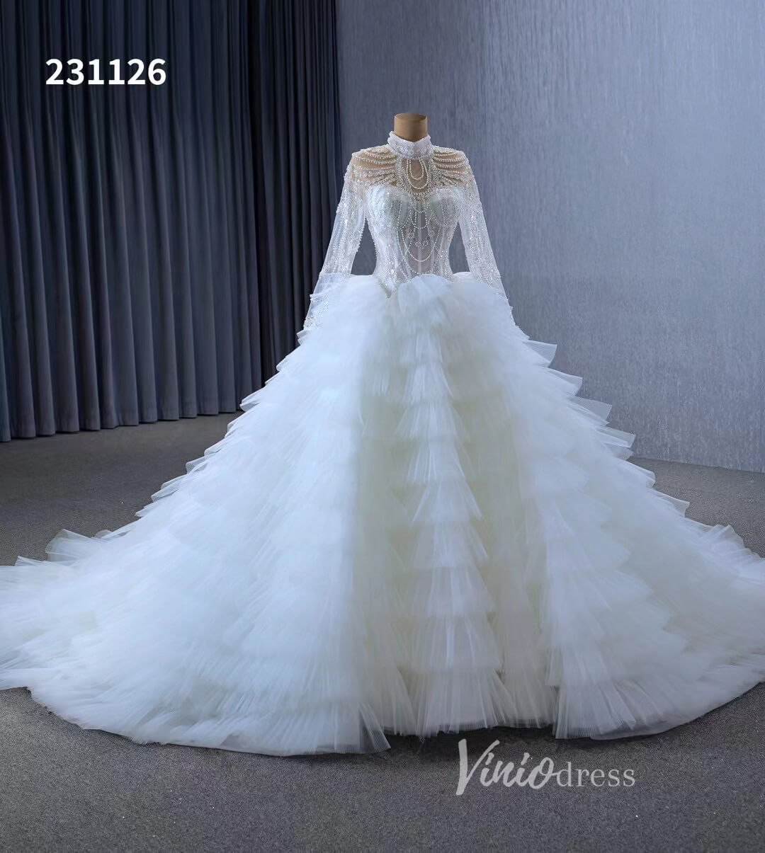 Luxury Ruffle Ball Gown Wedding Dresses Plus Size Long Sleeve 231126-wedding dresses 2025 -Viniodress-Ivory-Custom Size-