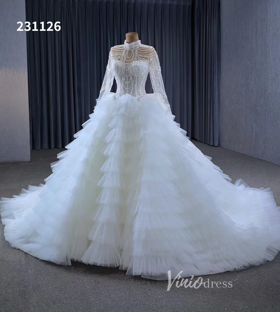 Luxury Ruffle Ball Gown Wedding Dresses Plus Size Long Sleeve 231126-wedding dresses 2025 -Viniodress-Ivory-Custom Size-