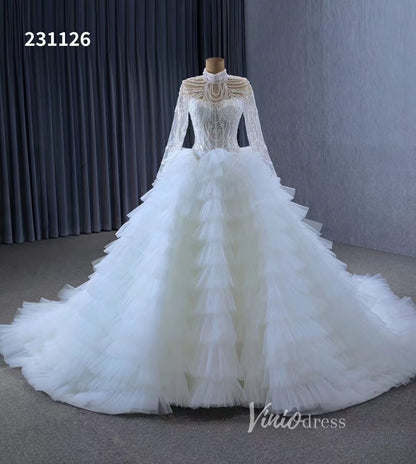 Luxury Ruffle Ball Gown Wedding Dresses Plus Size Long Sleeve 231126-wedding dresses 2025 -Viniodress-Ivory-Custom Size-