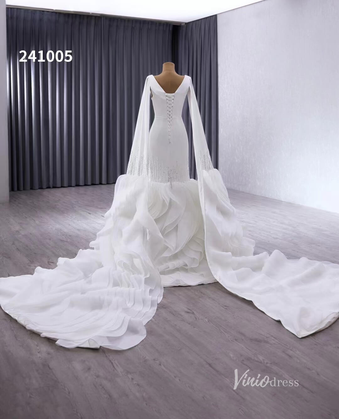 Luxury Ruffled Mermaid Wedding Dresses Extra Long Sleeve Bridal Gown Corset Back 241005-wedding dresses 2025 -Viniodress-Ivory-Custom Size-