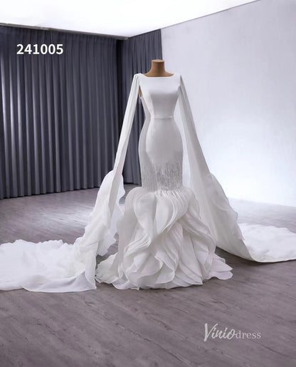 Luxury Ruffled Mermaid Wedding Dresses Extra Long Sleeve Bridal Gown Corset Back 241005-wedding dresses 2025 -Viniodress-Ivory-Custom Size-