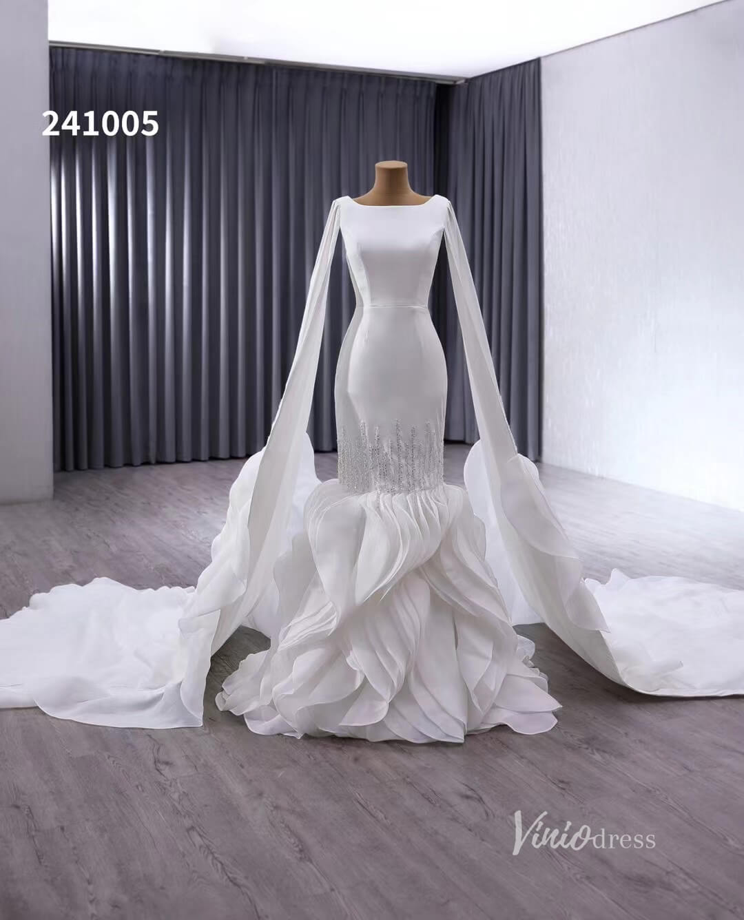 Luxury Ruffled Mermaid Wedding Dresses Extra Long Sleeve Bridal Gown Corset Back 241005-wedding dresses 2025 -Viniodress-Ivory-Custom Size-